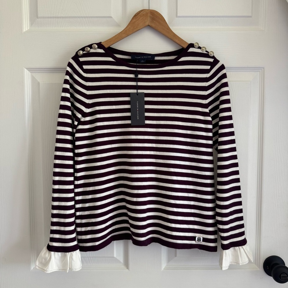 Tommy Hilfiger Heritage Striped Top Women’s Small Burgundy White NWT